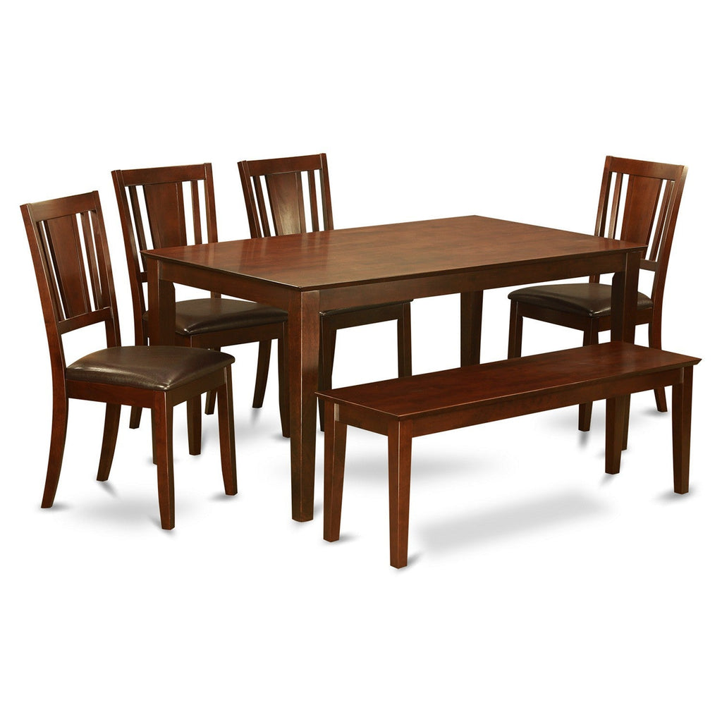 Juego de mesa de comedor moderna de 6 piezas CADU6C-MAH-LC de East West Furniture. Contiene una mesa rectangular de madera y 4 sillas de comedor de piel sintética con un banco.
