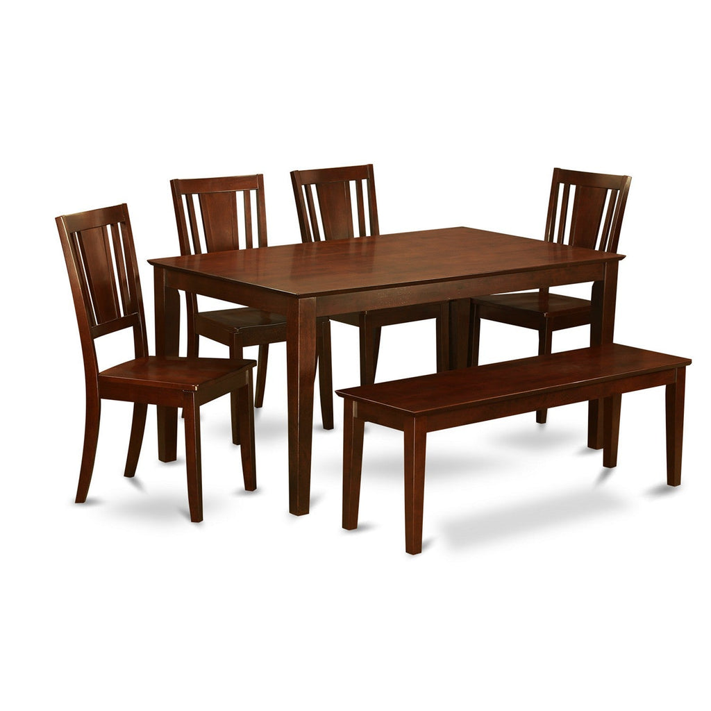 Juego de muebles de comedor de 6 piezas CADU6C-MAH-W de East West Furniture. Contiene una mesa de cocina rectangular y 4 sillas de comedor con un banco.