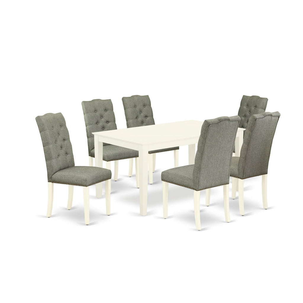 Juego de mesa de comedor moderno East West Furniture CAEL7-LWH-07 de 7 piezas compuesto por una mesa rectangular de madera y 6 sillas tapizadas en tela de lino gris.