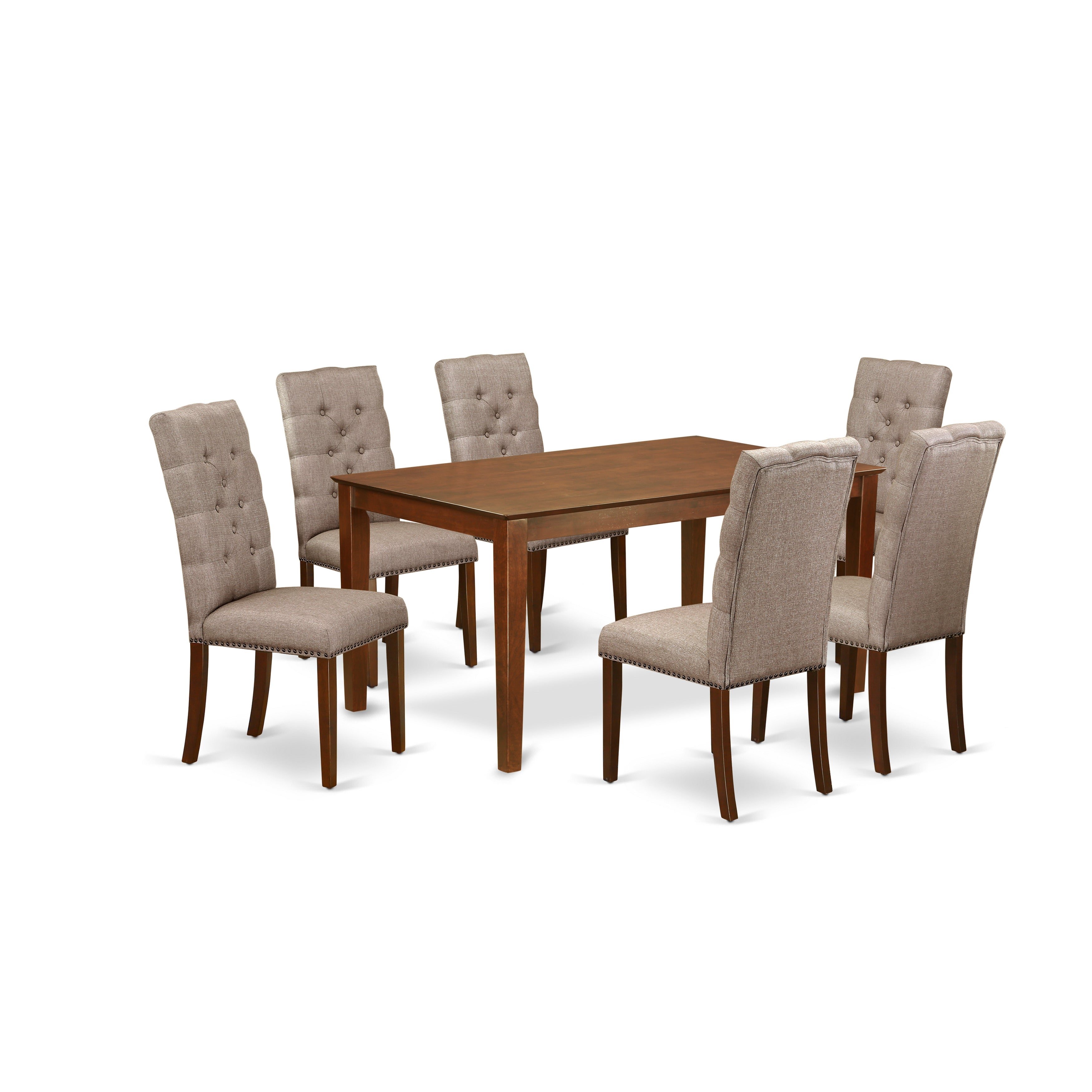 Juego de mesa de comedor de 7 piezas East West Furniture CAEL7-MAH-16 compuesto por una mesa rectangular de madera y 6 sillas Parson tapizadas en tela de lino color caqui oscuro.