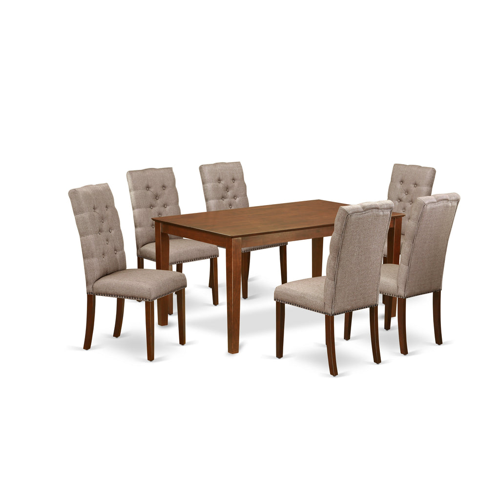 Juego de mesa de comedor de 7 piezas East West Furniture CAEL7-MAH-16 compuesto por una mesa rectangular de madera y 6 sillas Parson tapizadas en tela de lino color caqui oscuro.