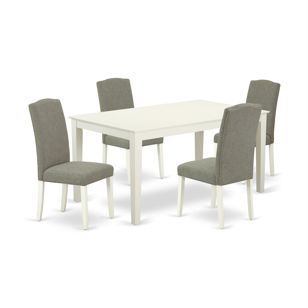 Juego de comedor de 5 piezas East West Furniture CAEN5-LWH-06. Incluye una mesa de comedor rectangular y 4 sillas Parson tapizadas en tela de lino shitake oscuro.