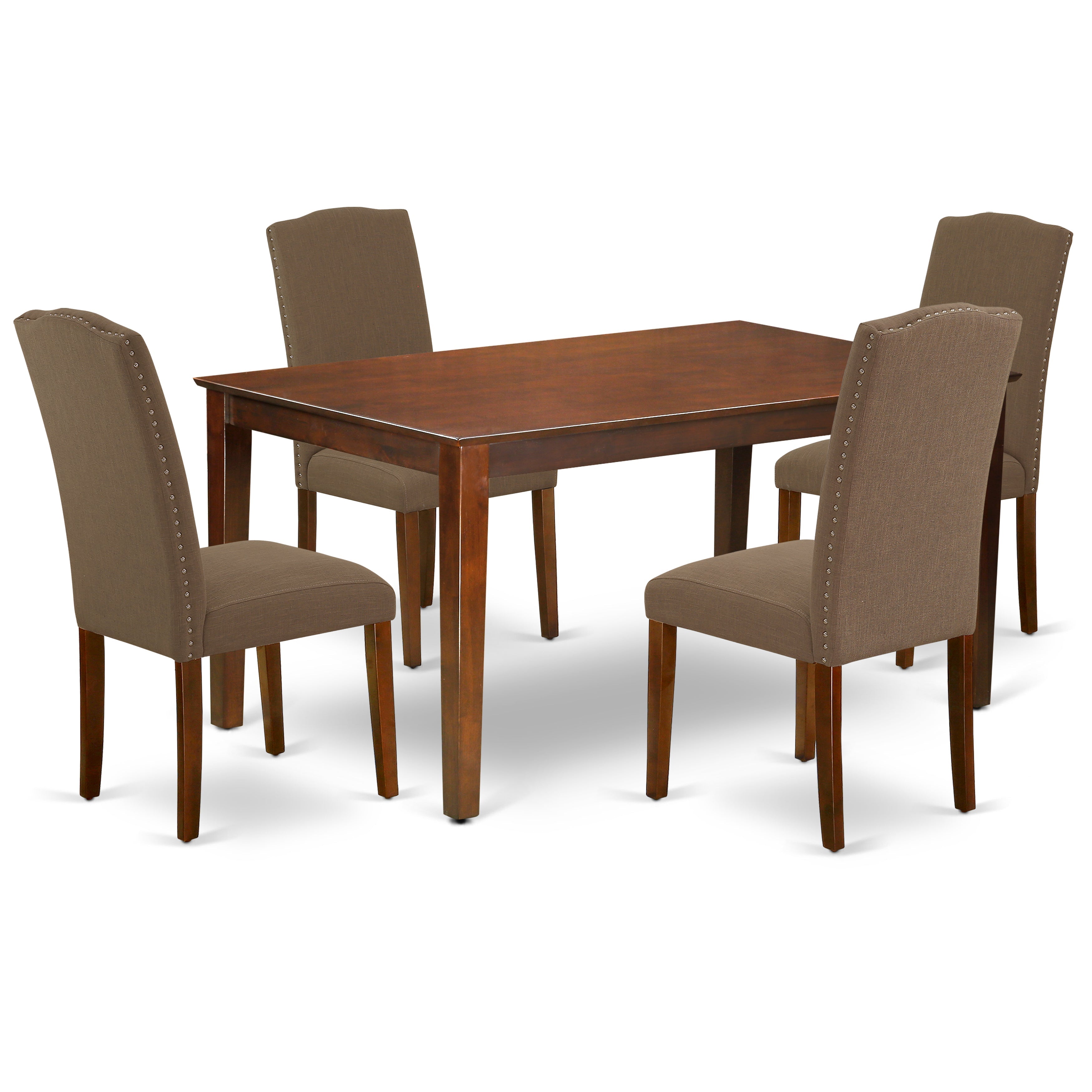 Juego de comedor de 5 piezas East West Furniture CAEN5-MAH-18. Incluye una mesa de comedor rectangular y 4 sillas Parson tapizadas en tela de lino color café oscuro.