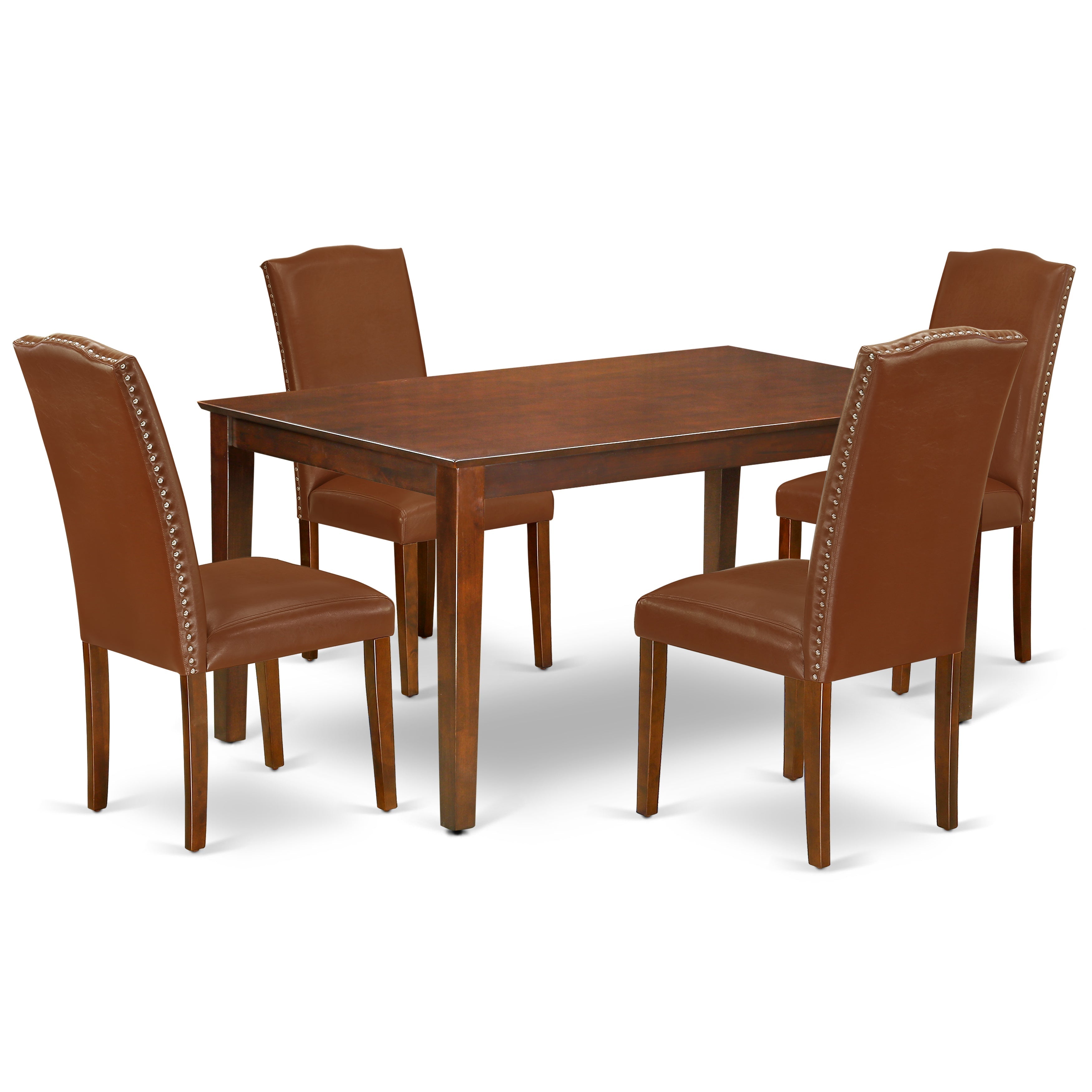 Juego de mesa de cocina de 5 piezas para 4 personas East West Furniture CAEN5-MAH-66. Incluye una mesa de comedor rectangular y 4 sillas de comedor Parson de piel sintética marrón.