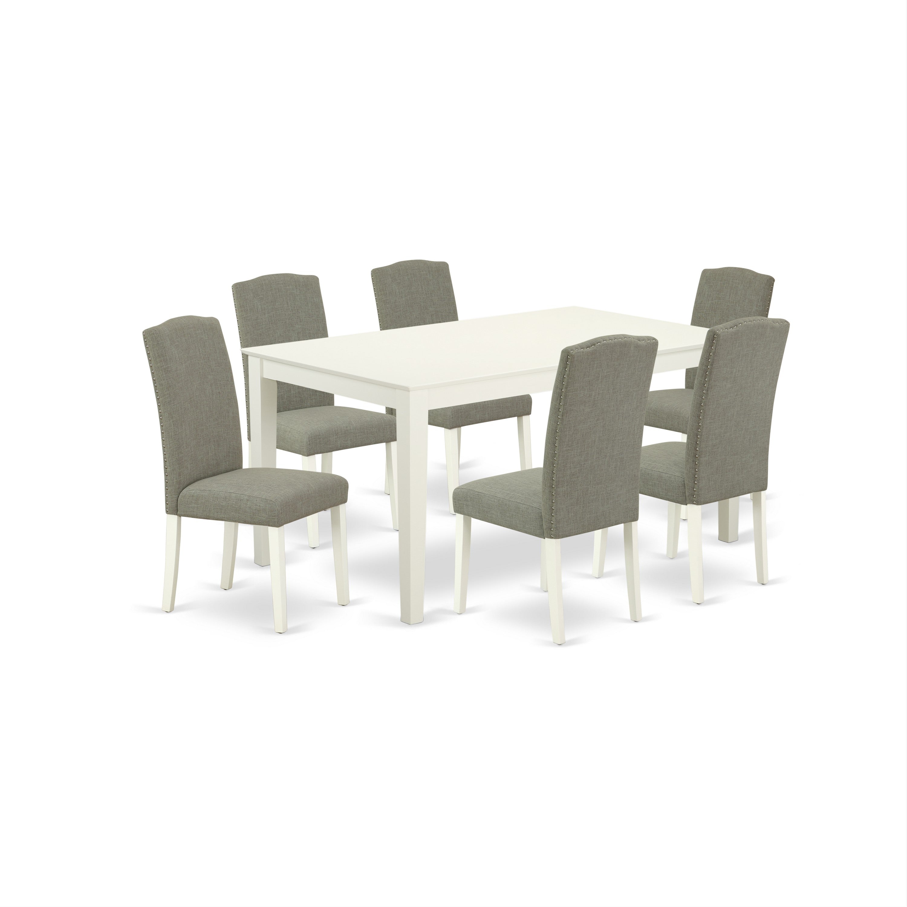 Juego de comedor de 7 piezas East West Furniture CAEN7-LWH-06 compuesto por una mesa de comedor rectangular y 6 sillas Parsons de tela de lino shitake oscuro.