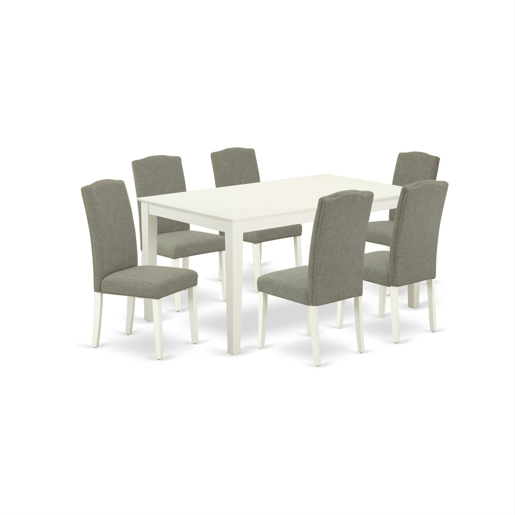 East West Furniture CAEN7-LWH-06 7 Piece Dining Room Furniture Set Consist of a Rectangle Dining Table and 6 Dark Shitake Linen Fabric Parsons Chairs