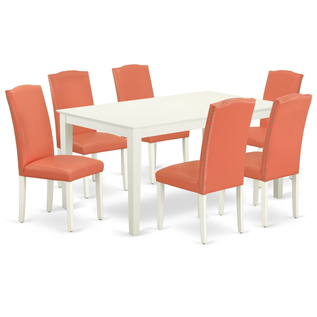 East West Furniture CAEN7-LWH-78 7 Piece Kitchen Table Set Consist of a Rectangle Dining Table and 6 Pink Flamingo Faux Leather Parson Dining Chairs, 36x60 Inch, Linen White