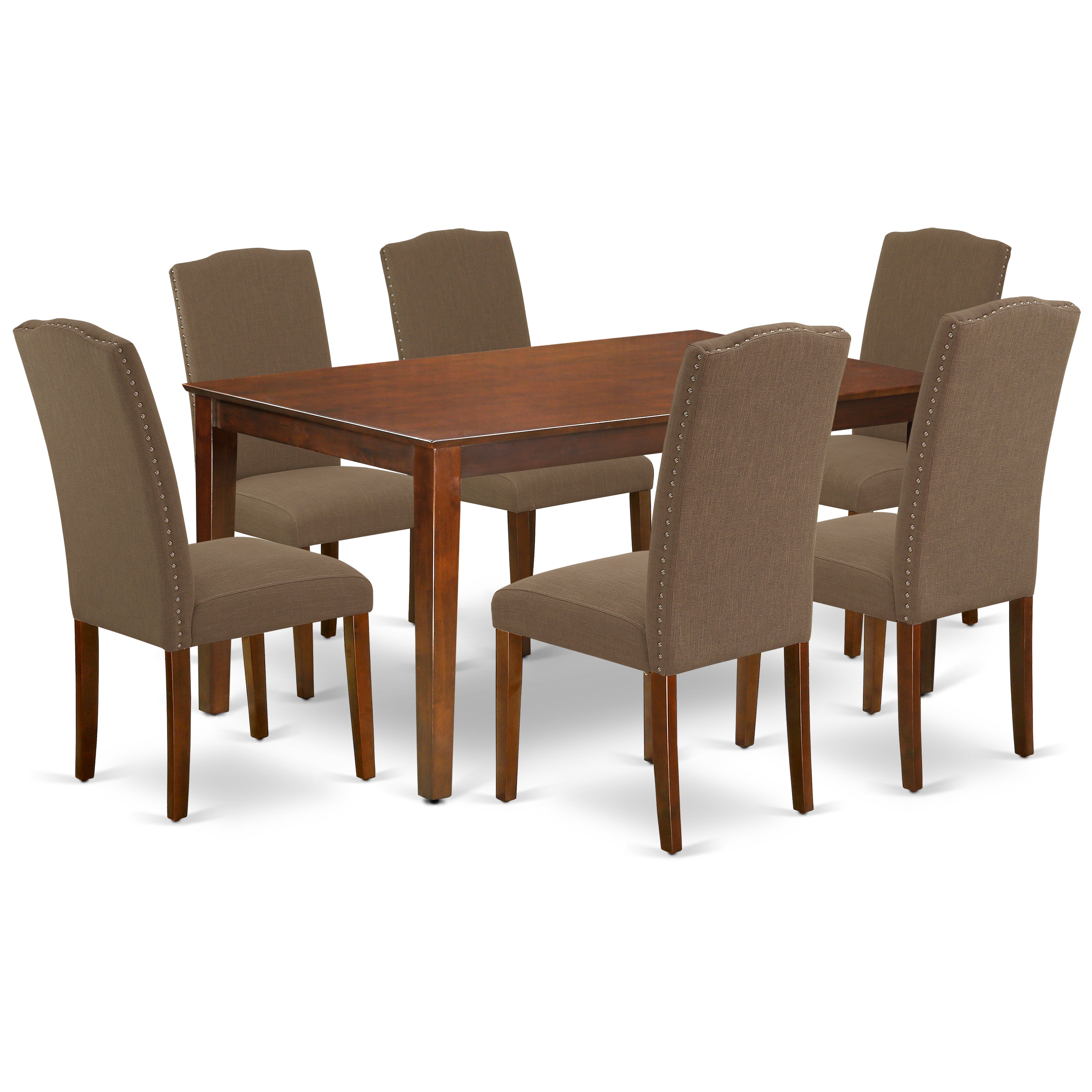 Juego de mesa de comedor de 7 piezas East West Furniture CAEN7-MAH-18 compuesto por una mesa de cocina rectangular y 6 sillas de comedor Parsons de tela de lino color café oscuro.