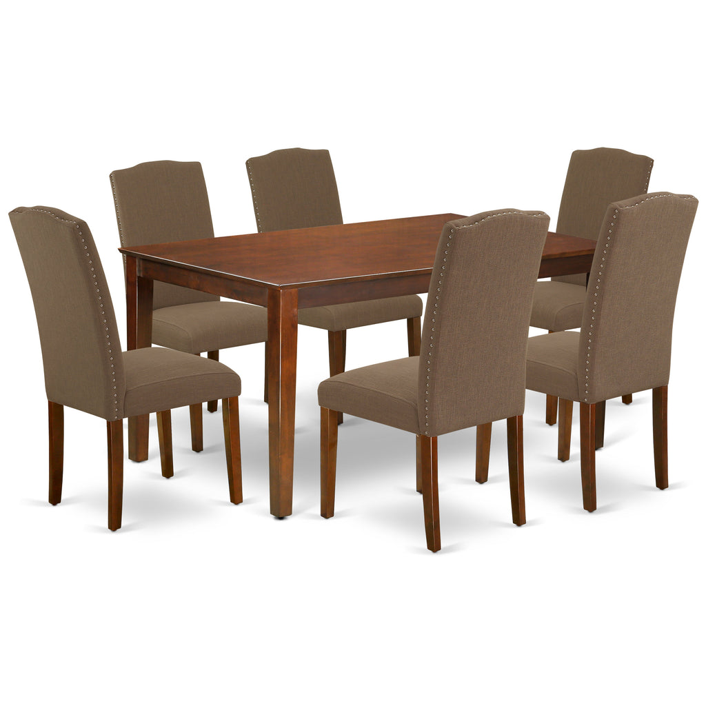 East West Furniture CAEN7-MAH-18 7 Piece Dining Room Table Set Consist of a Rectangle Kitchen Table and 6 Dark Coffee Linen Fabric Parsons Dining Chairs
