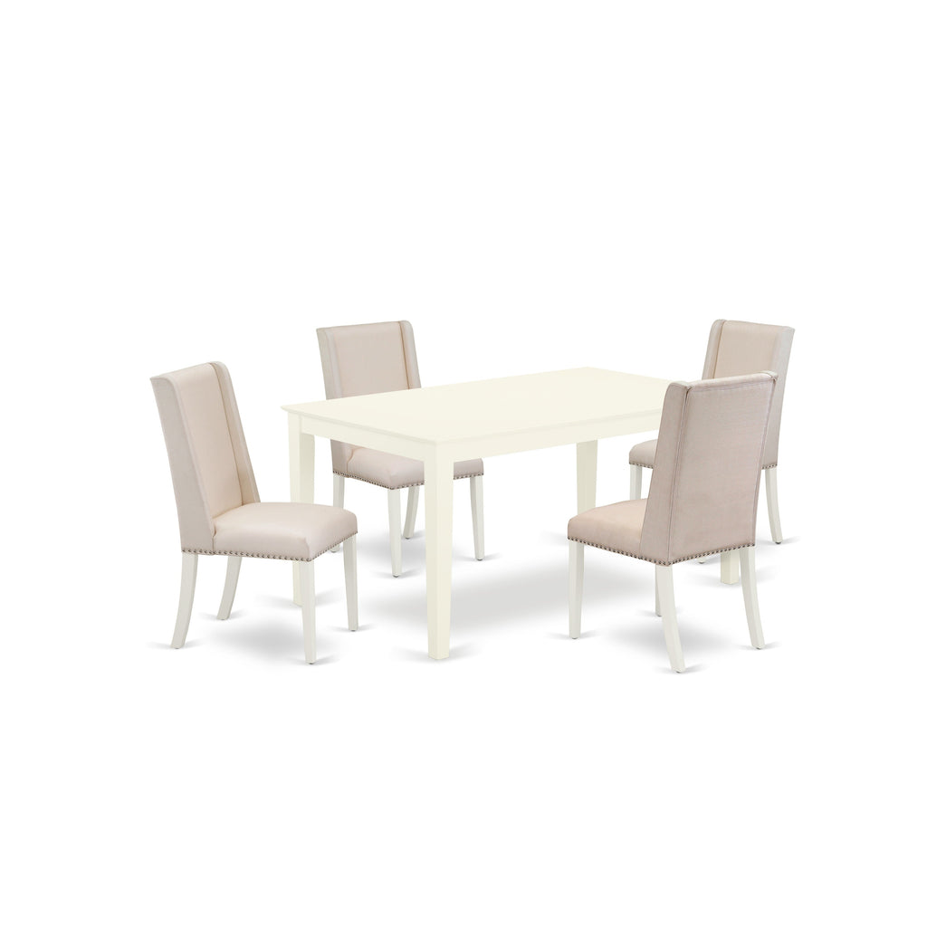 Juego de comedor de 5 piezas para 4 personas East West Furniture CAFL5-LWH-01. Incluye una mesa de comedor rectangular y 4 sillas de comedor Parson de tela de lino color crema.