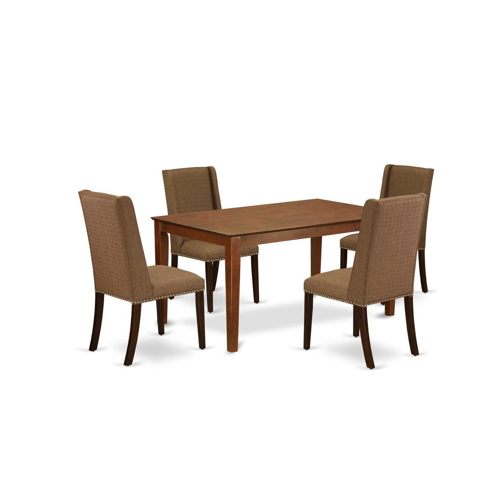 Juego de comedor de 5 piezas East West Furniture CAFL5-MAH-18. Incluye una mesa de comedor rectangular y 4 sillas Parsons de tela de lino marrón.