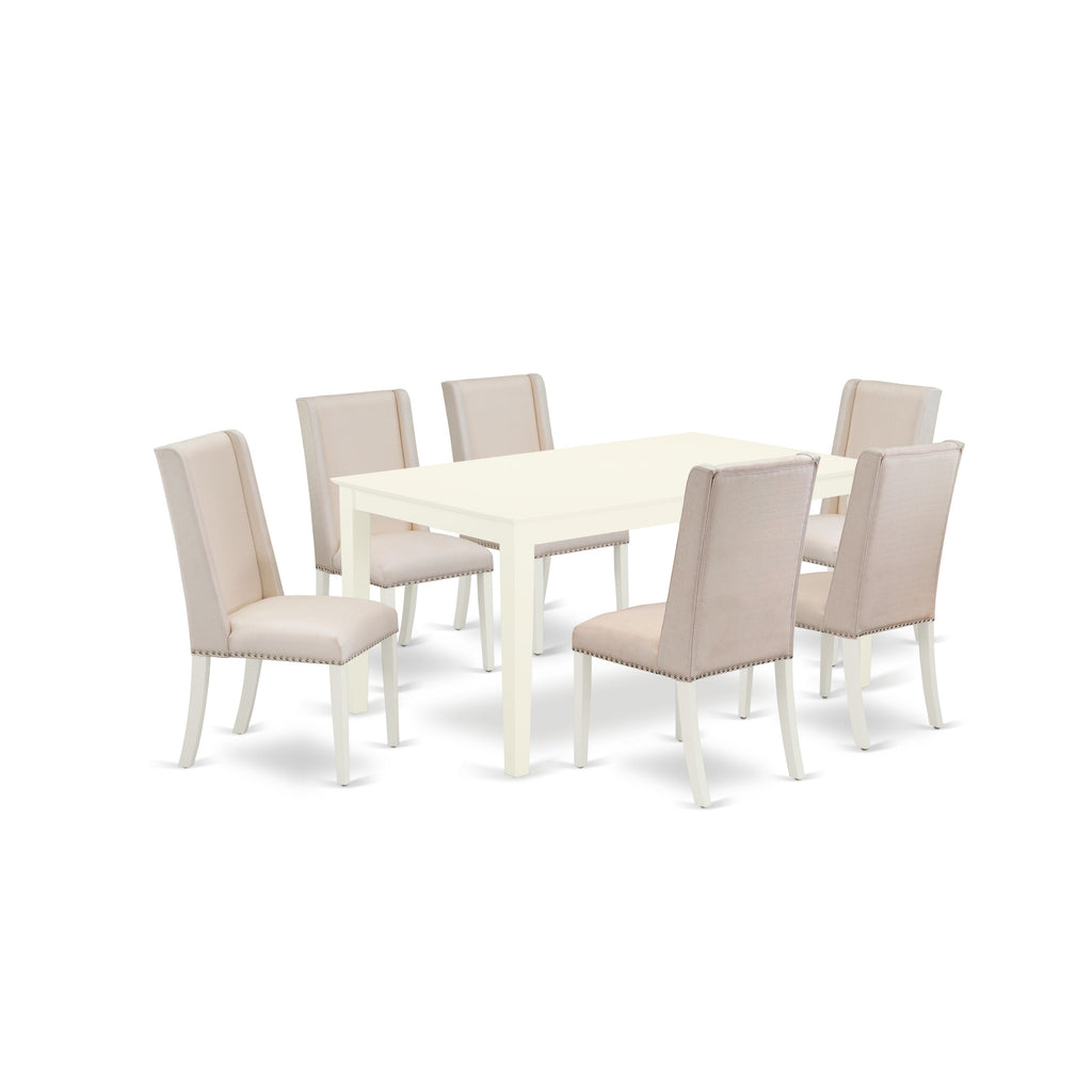East West Furniture CAFL7-LWH-01 7 Piece Dining Table Set Consist of a Rectangle Kitchen Table and 6 Cream Linen Fabric Upholstered Parson Chairs