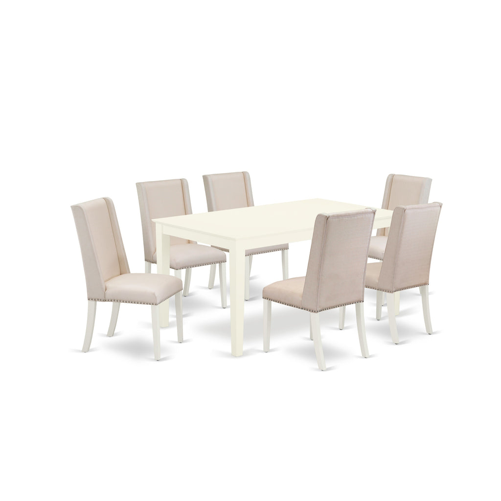 East West Furniture CAFL7-LWH-01 7 Piece Dining Table Set Consist of a Rectangle Kitchen Table and 6 Cream Linen Fabric Upholstered Parson Chairs, 36x60 Inch, Linen White