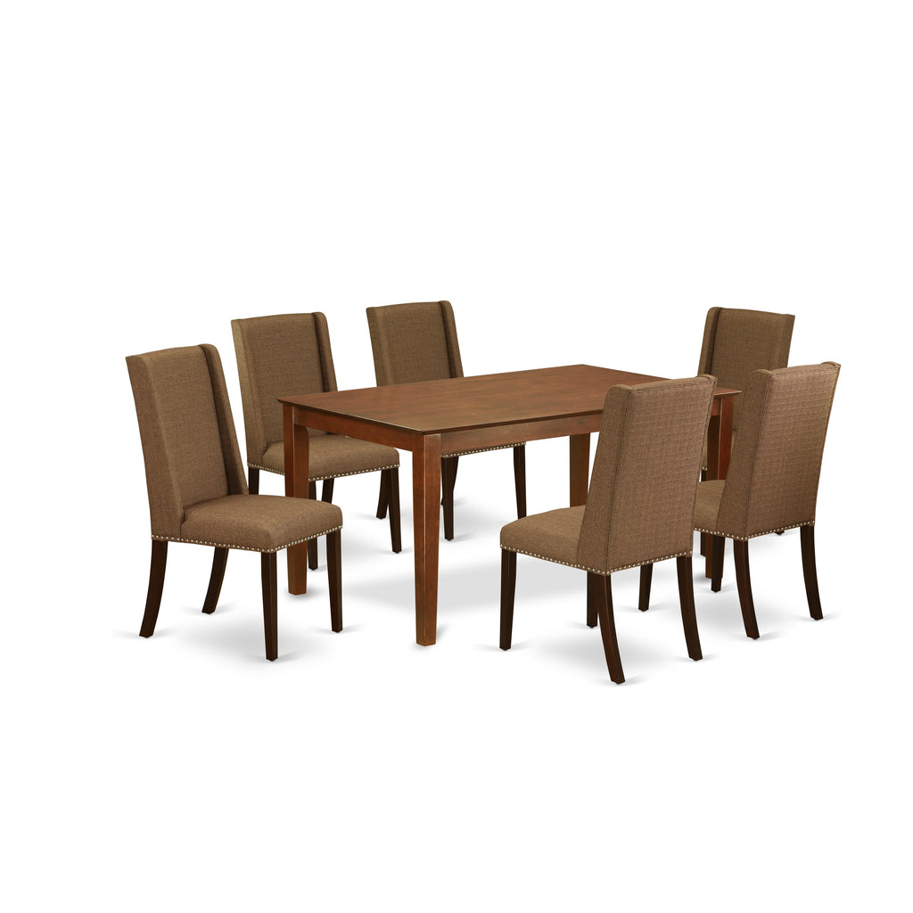 Juego de mesa de cocina de 7 piezas East West Furniture CAFL7-MAH-18 compuesto por una mesa de comedor rectangular y 6 sillas de comedor Parson de tela de lino marrón.