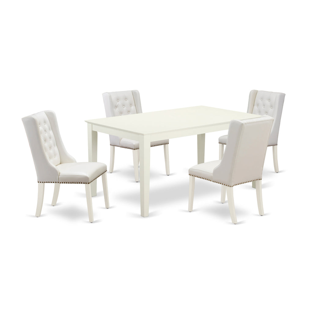 East West Furniture CAFO5-LWH-44 5 Piece Dining Room Table Set Includes a Rectangle Wooden Table and 4 Light grey Faux Leather Upholstered Parson Chairs, 36x60 Inch, Linen White