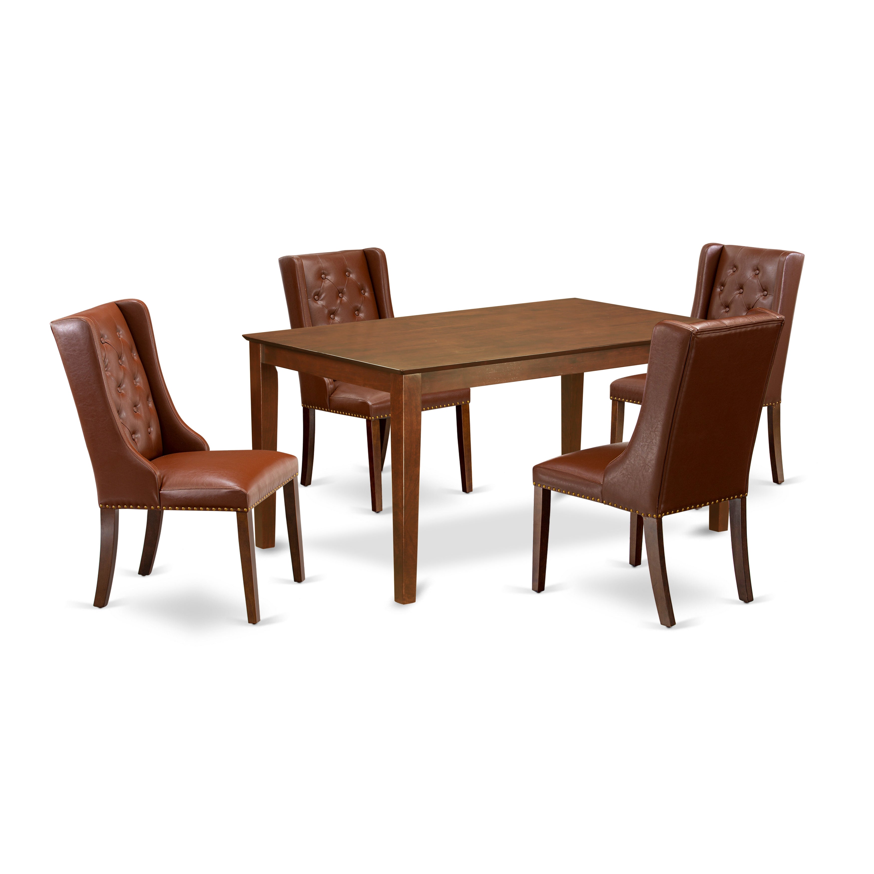 East West Furniture CAFO5-MAH-46 5-Pc Dining Room Set Includes 1 Rectangular Dining Table and 4 Brown faux Leather Kitchen Chairs with Button Tufted Back - Mahogany Finish