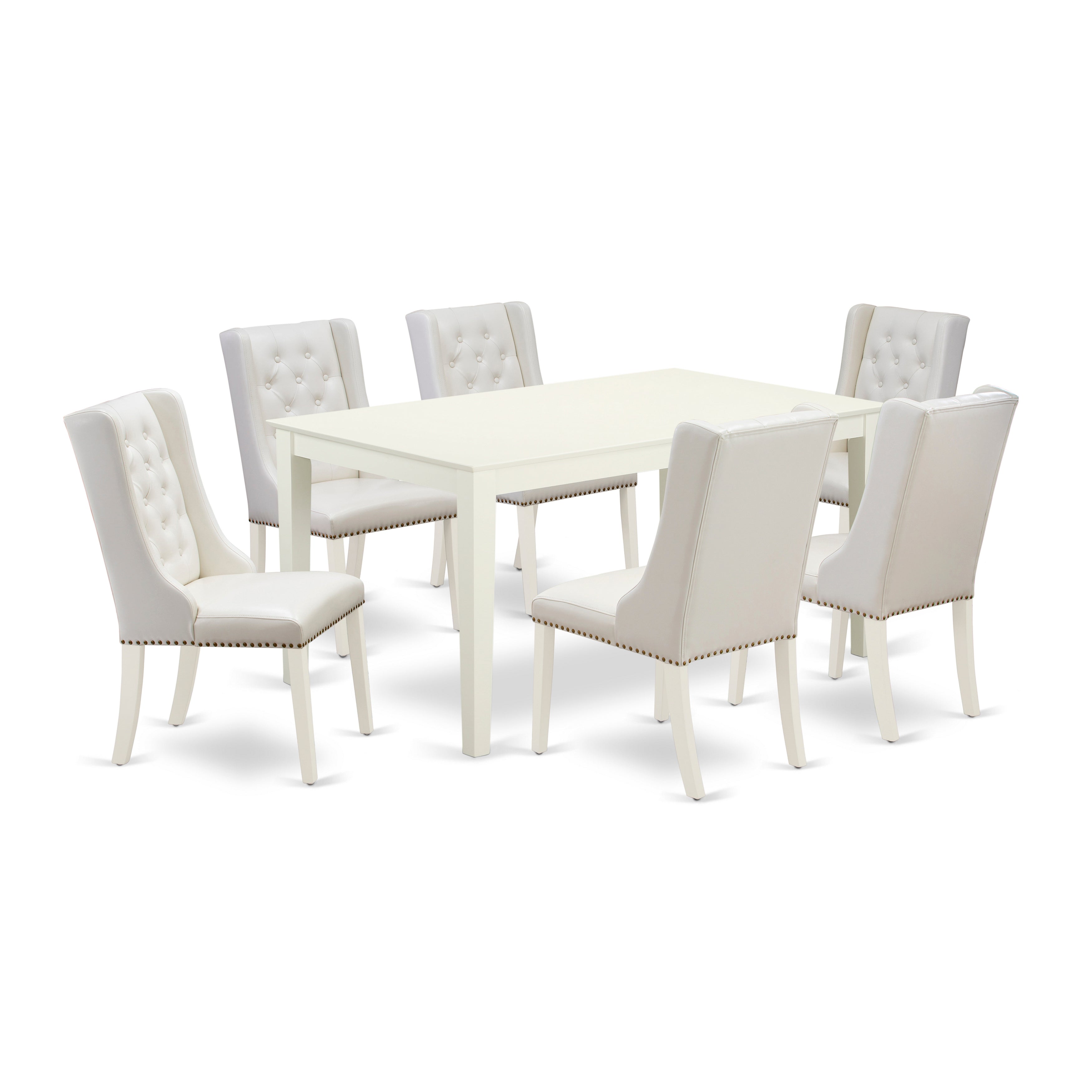 East West Furniture CAFO7-LWH-44 7-Pc Dining Room Table Set Includes 1 Rectangular Kitchen Table and 6 Linen white PU faux Leather Dining Chairs with Button Tufted Back - linen white Finish