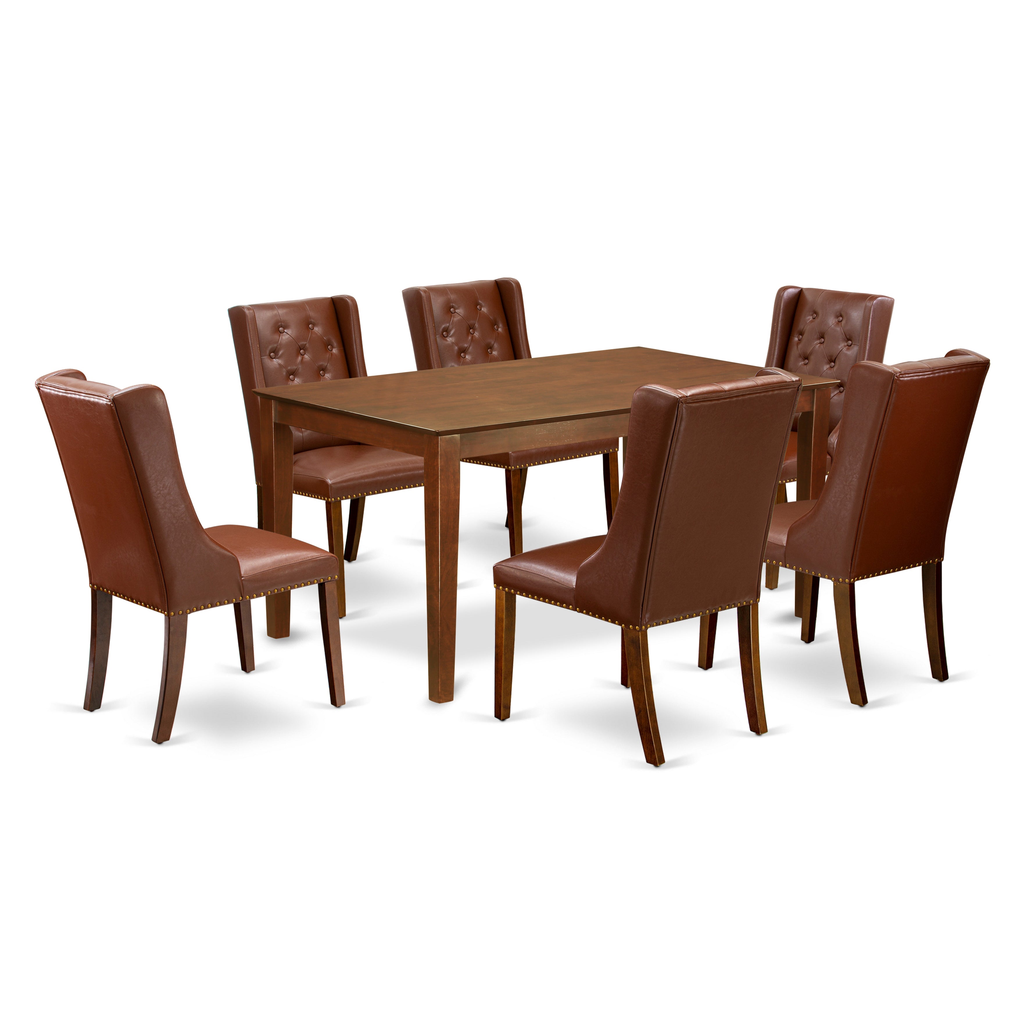 East West Furniture CAFO7-MAH-46 7-Piece Modern Dining Set Includes 1 Rectangular Kitchen Table and 6 Brown faux Leather Kitchen Chairs with Button Tufted Back - Mahogany Finish