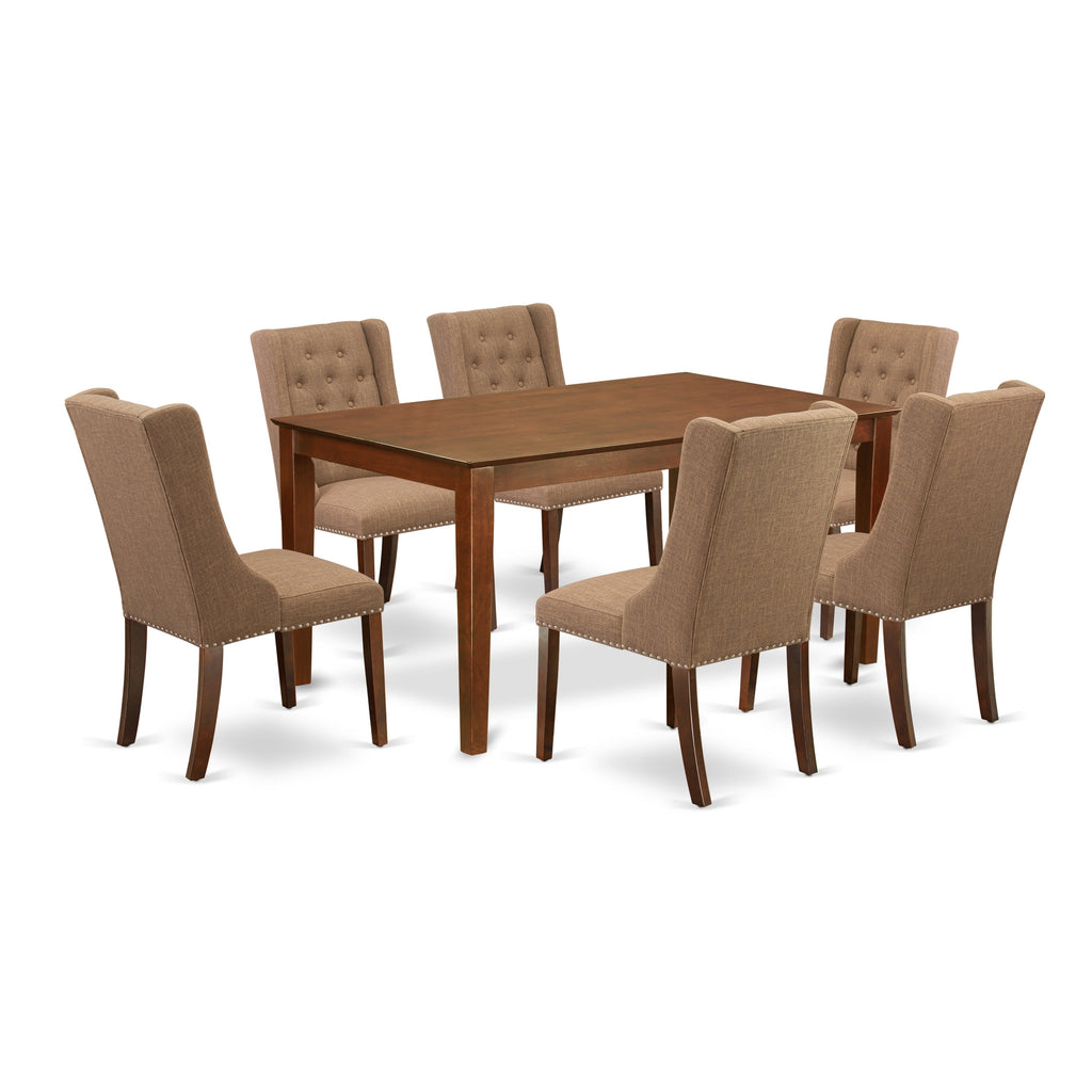 Juego de mesa de comedor de 7 piezas East West Furniture CAFO7-MAH-47 compuesto por una mesa de cocina rectangular y 6 sillas de comedor Parson de tela de lino color marta clara.