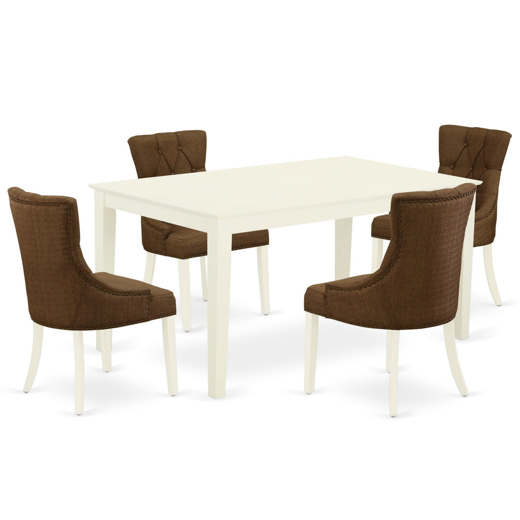 East West Furniture CAFR5-LWH-18 5 Piece Modern Dining Table Set Includes a Rectangle Wooden Table and 4 Brown Linen Linen Fabric Upholstered Parson Chairs