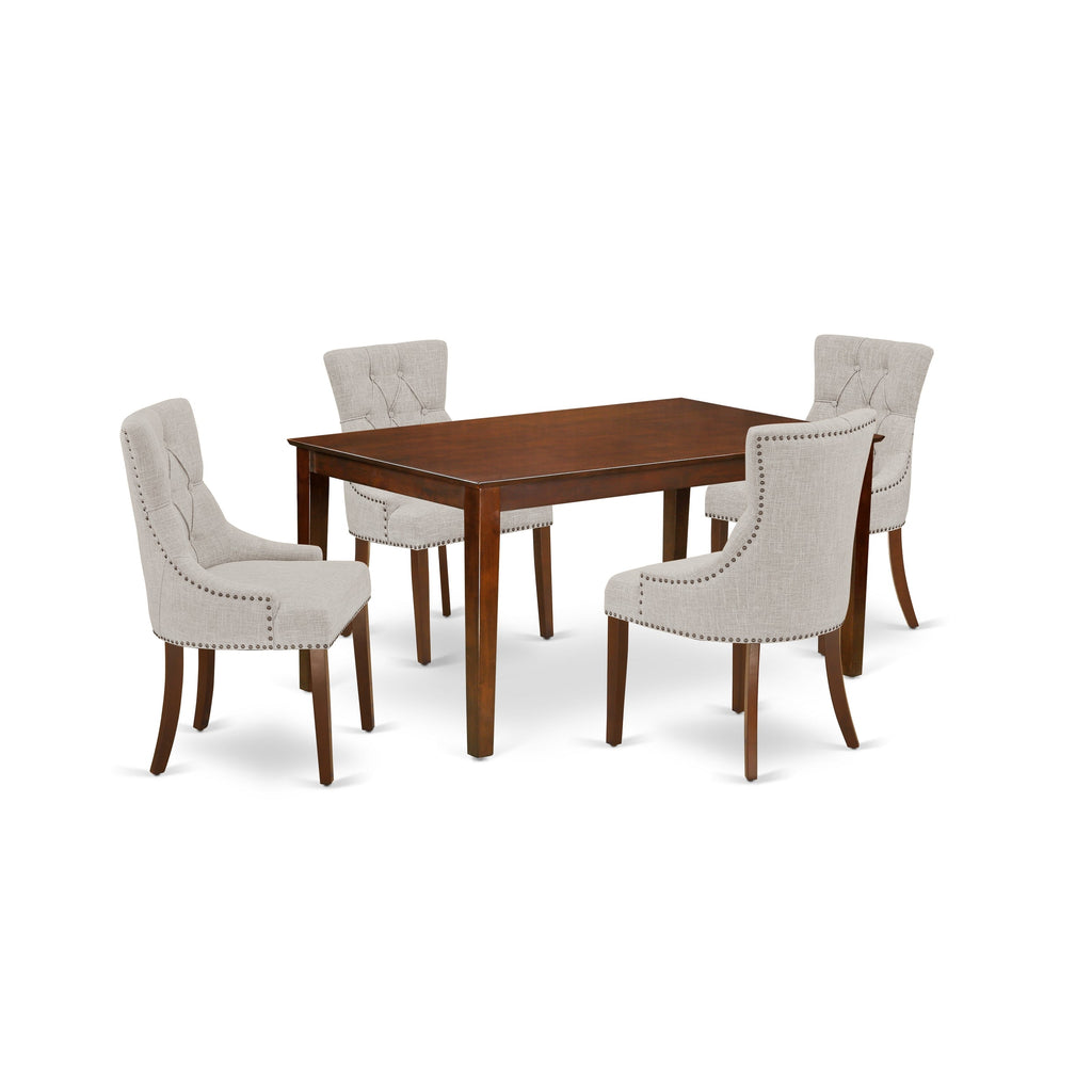Juego de comedor de 5 piezas East West Furniture CAFR5-MAH-05. Incluye una mesa de comedor rectangular y 4 sillas Parsons de tela de lino y piel de venado.