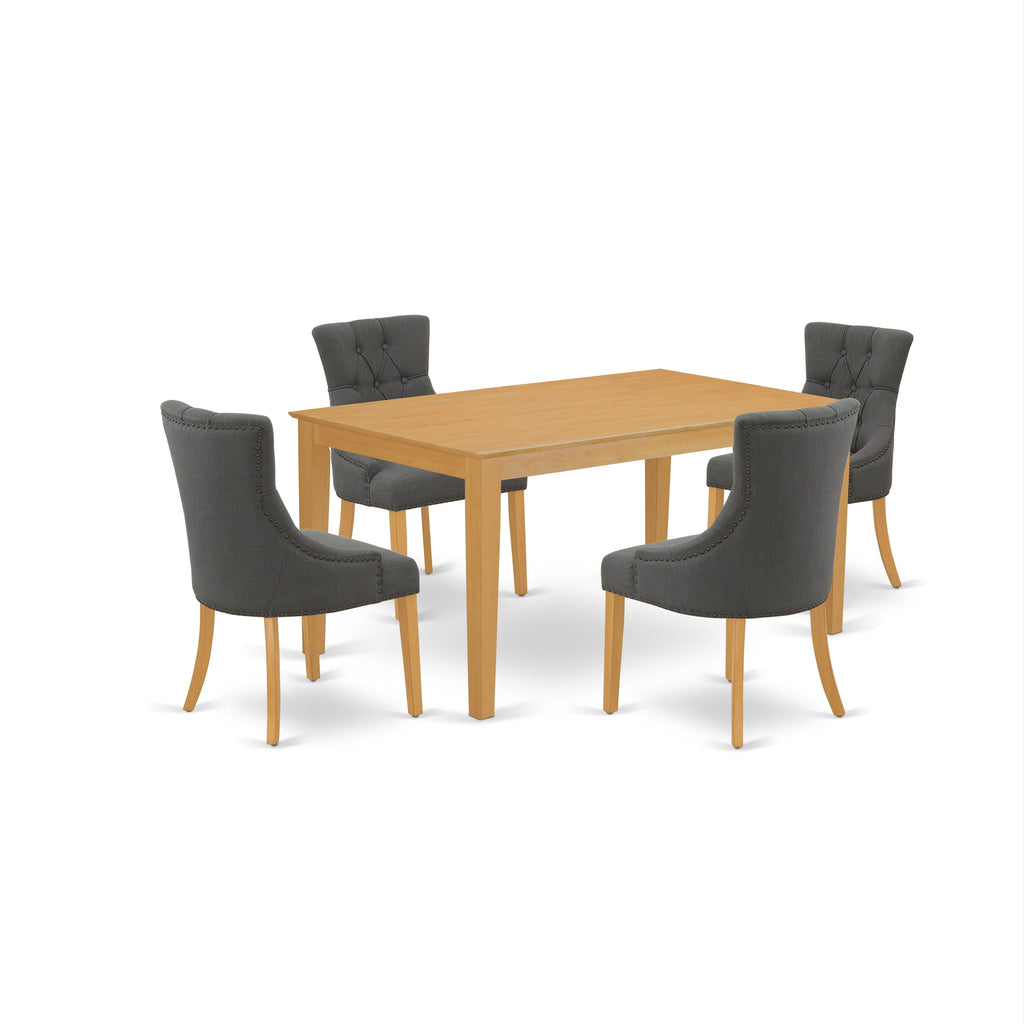 Juego de mesa de comedor moderna de 5 piezas East West Furniture CAFR5-OAK-20. Incluye una mesa rectangular de madera y 4 sillas Parson tapizadas en tela de lino Gotham oscuro.