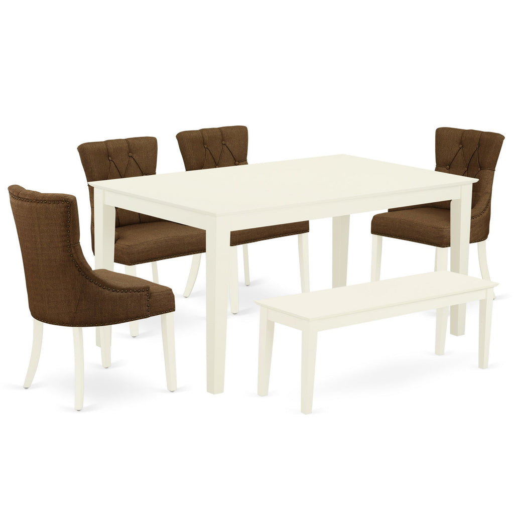 East West Furniture CAFR6-LWH-18 6 Piece Dining Set Contains a Rectangle Dining Room Table and 4 Brown Linen Linen Fabric Parson Chairs with a Bench