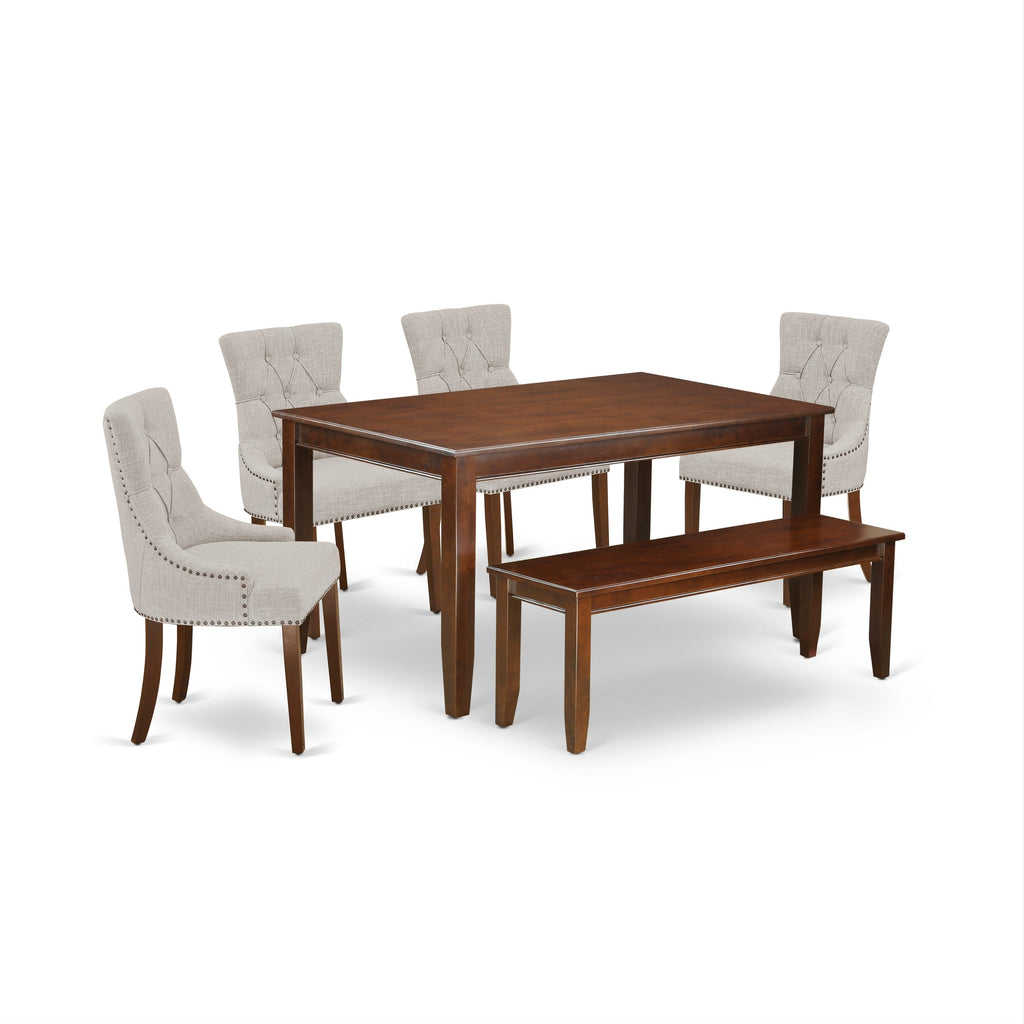 East West Furniture CAFR6-MAH-05 6 Piece Dining Room Furniture Set Contains a Rectangle Dining Table and 4 Doeskin Linen Fabric Parson Chairs with a Bench