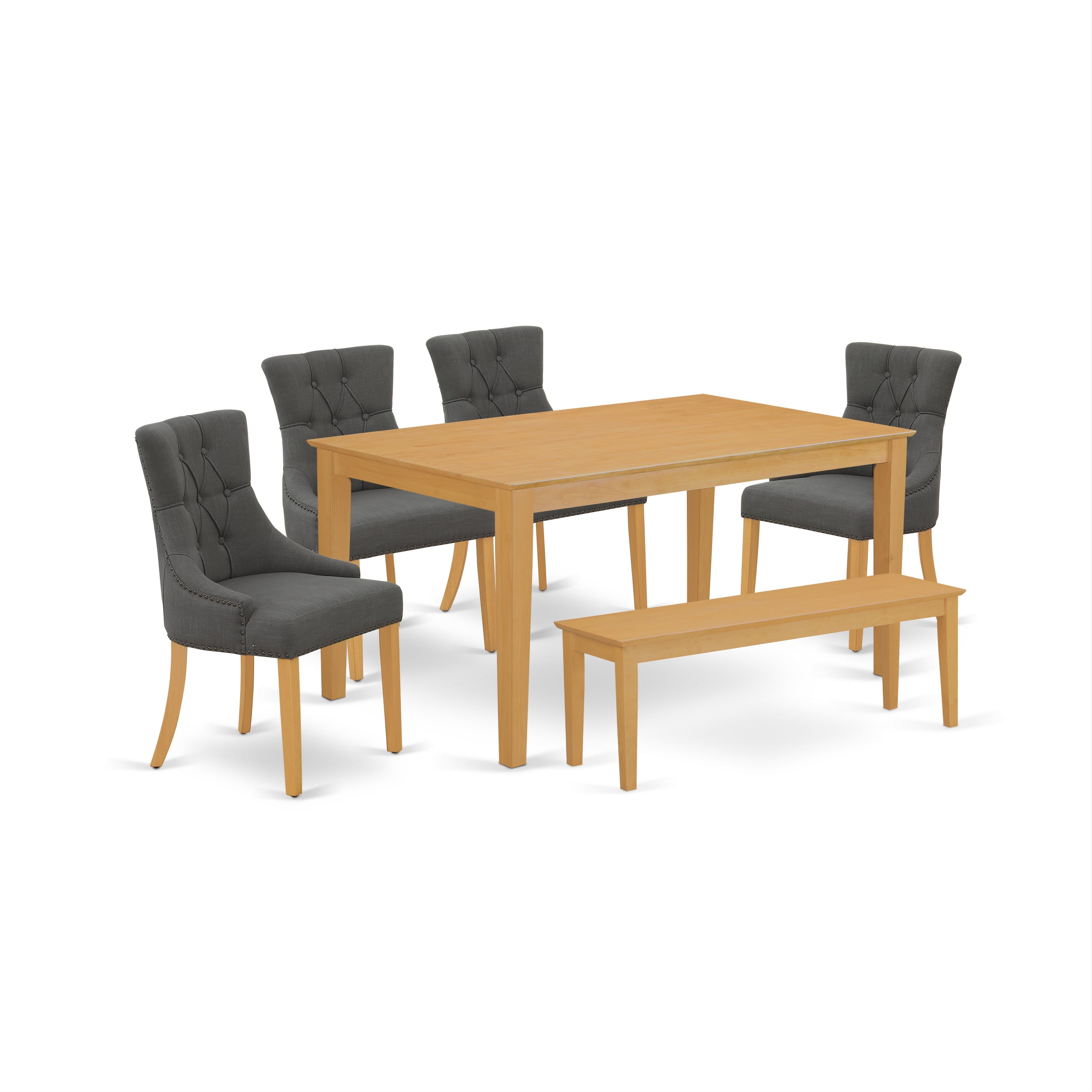 Juego de comedor de 6 piezas East West Furniture CAFR6-OAK-20. Contiene una mesa de comedor rectangular y 4 sillas Parson de tela de lino Gotham oscuro con un banco.