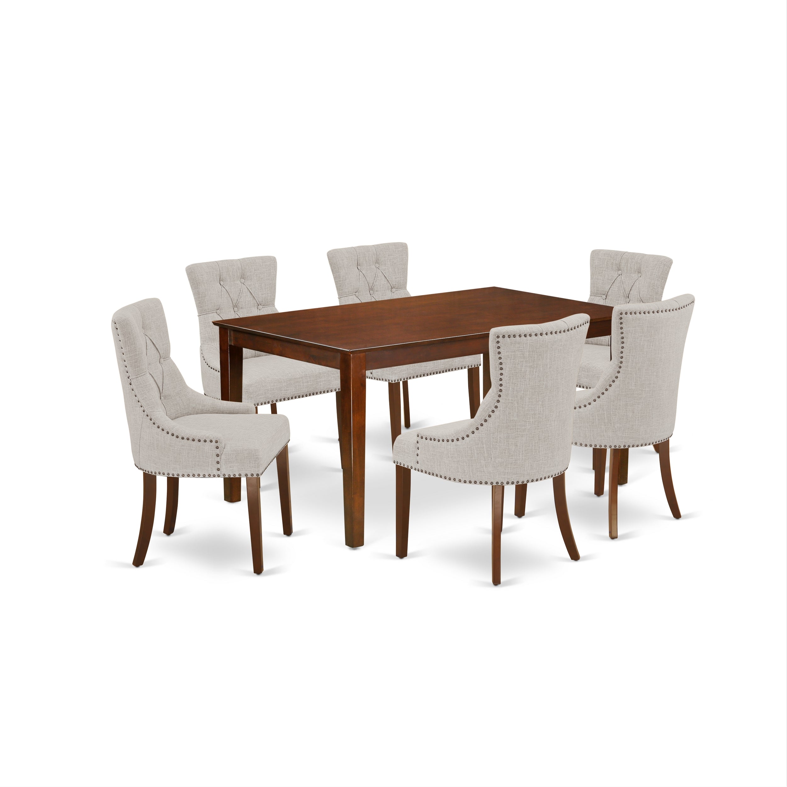 Juego de mesa de comedor de 7 piezas East West Furniture CAFR7-MAH-05 compuesto por una mesa de cocina rectangular y 6 sillas Parson tapizadas en tela de lino y piel de venado.