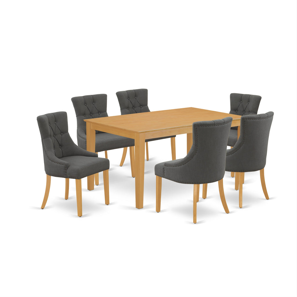 East West Furniture CAFR7-OAK-20 7 Piece Dining Room Furniture Set Consist of a Rectangle Dining Table and 6 Dark Gotham Linen Fabric Parsons Chairs