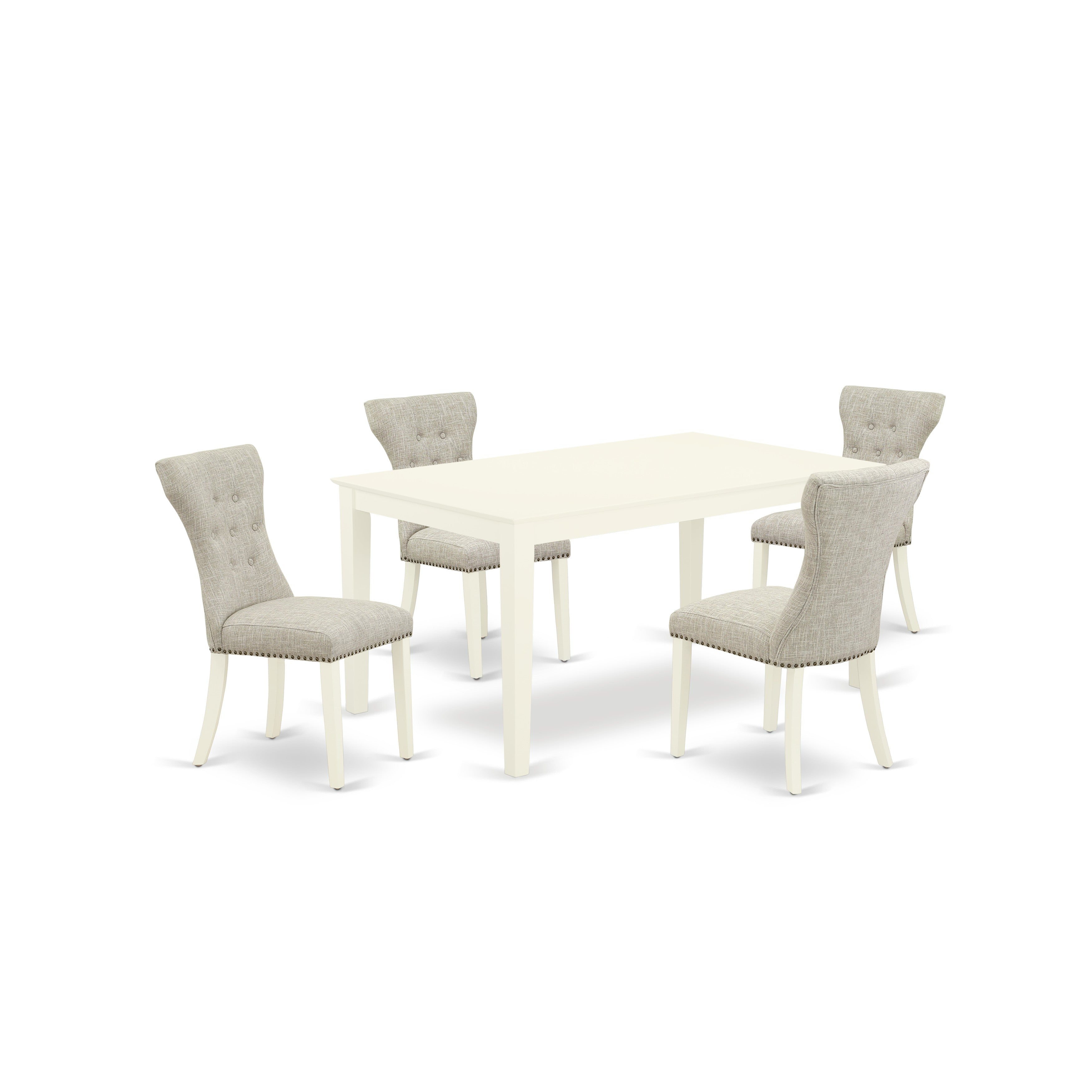 East West Furniture CAGA5-LWH-35 5-Pc Wooden Dining Table Set Included a Rectangular Living Room Table & 4 Kitchen Chairs, Doeskin Linen Fabric Kitchen Chairs Seat with Rubber Wood Legs, Linen White Finish