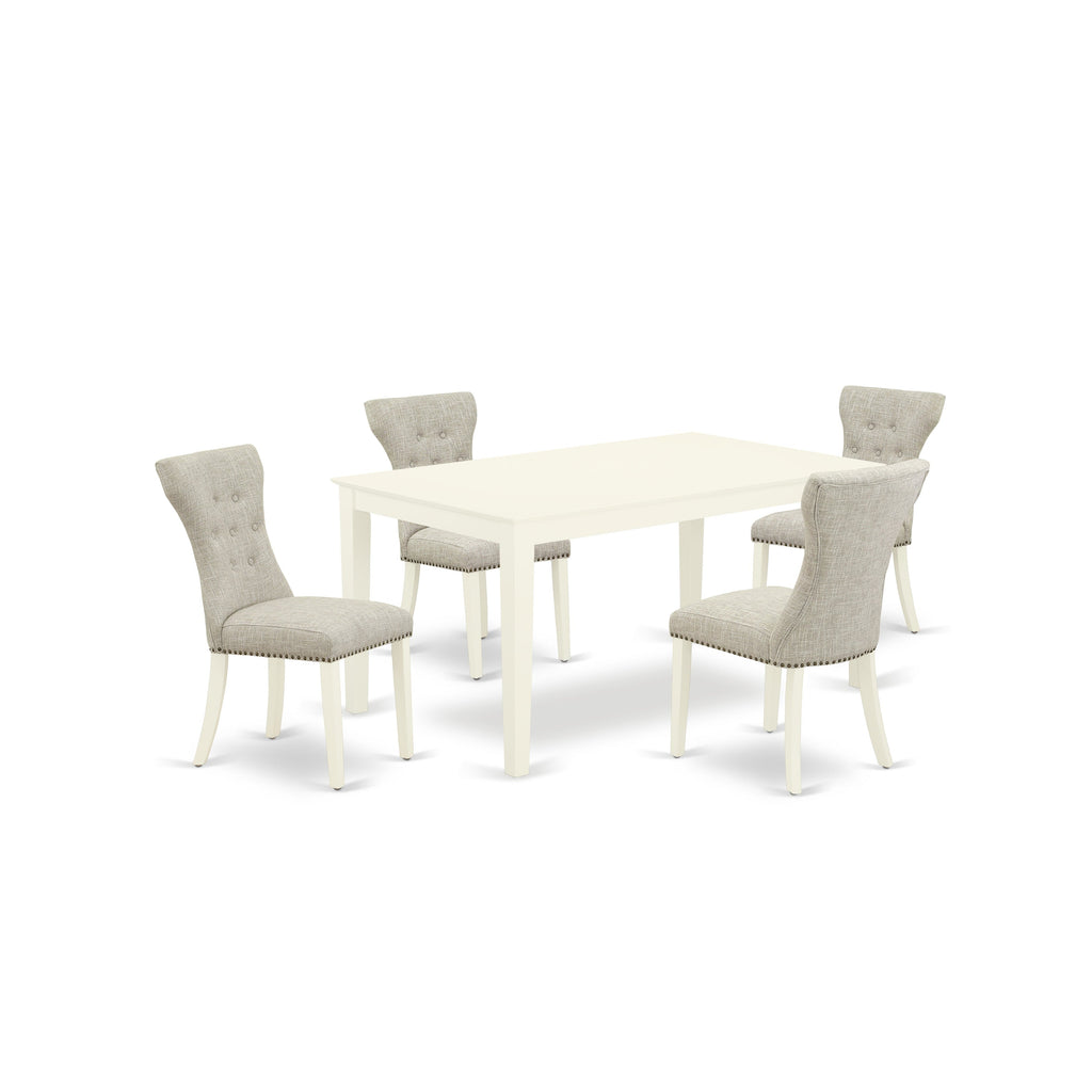 El juego de mesa de comedor de 5 piezas East West Furniture CAGA5-LWH-35 incluye una mesa de cocina rectangular y 4 sillas de comedor Parsons de tela de lino y piel de venado.