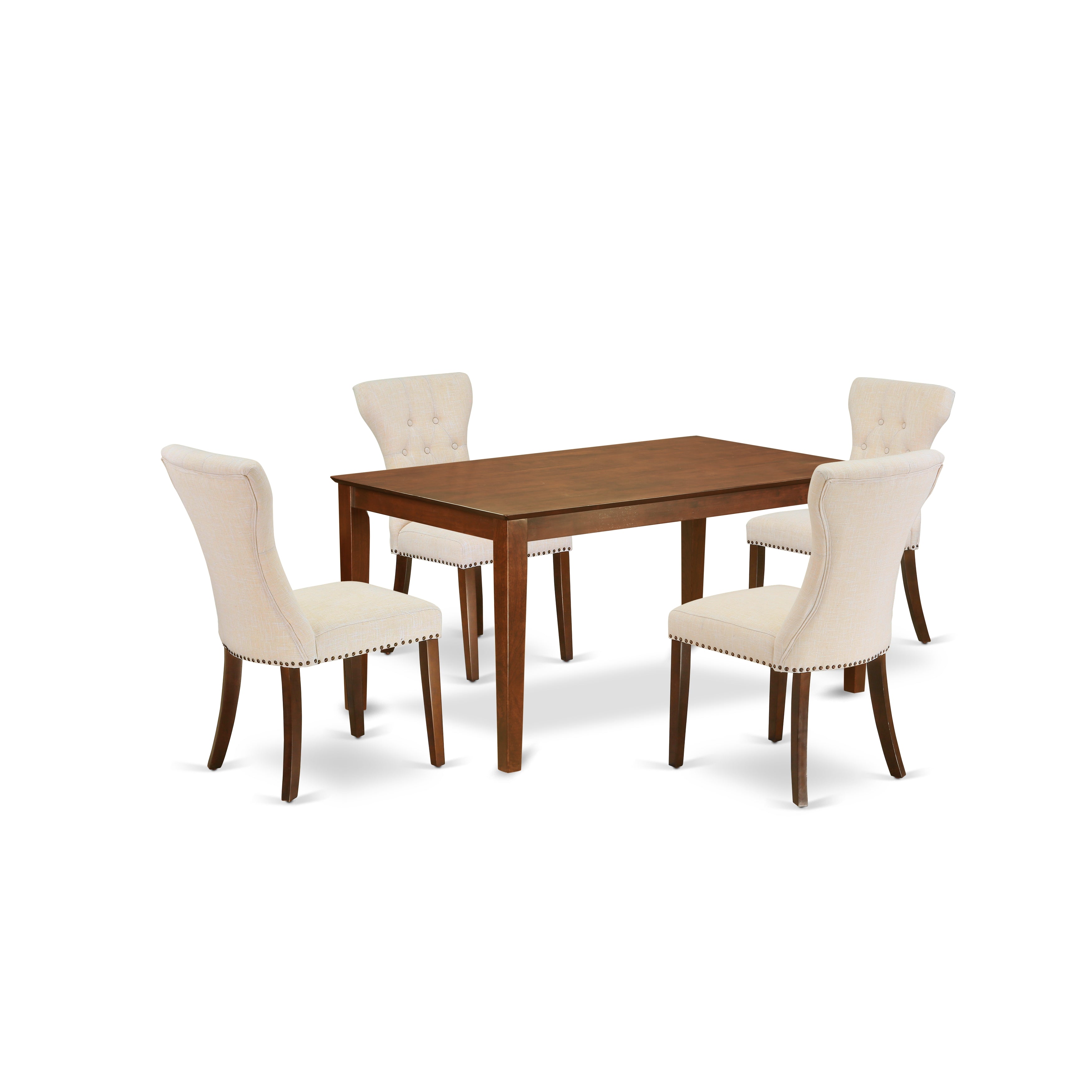 East West Furniture CAGA5-MAH-32 5-Piece Rectangular Kitchen Table Set Included a Wood Dining Table & 4 Fabric Kitchen Chairs, Light Beige Linen Fabric Parson Chairs Seat with Rubber Wood Legs, Mahogany Finish