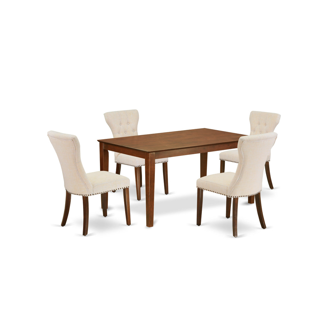 East West Furniture CAGA5-MAH-32 5 Piece Dining Set Includes a Rectangle Dining Room Table and 4 Light Beige Linen Fabric Upholstered Parson Chairs
