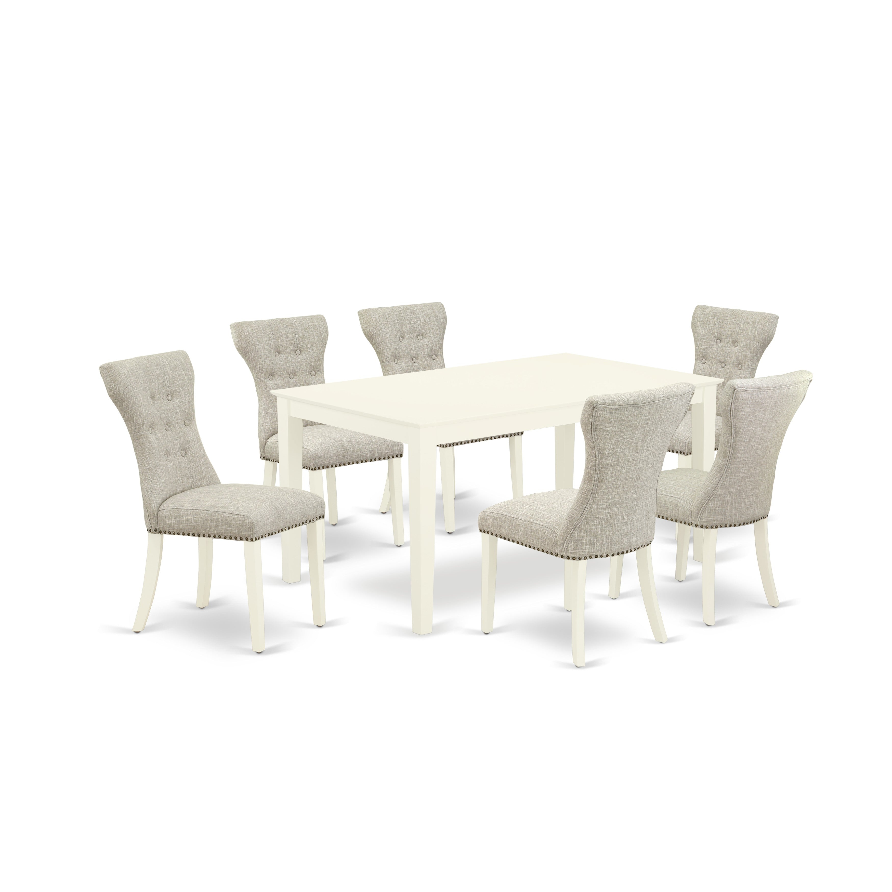 East-West Furniture CAGA7-LWH-35 7-Piece Kitchen Dining Table Set- 6 Parson Chairs and Rectangle Table Solid Wood Frame -High Back & Linen White Finish