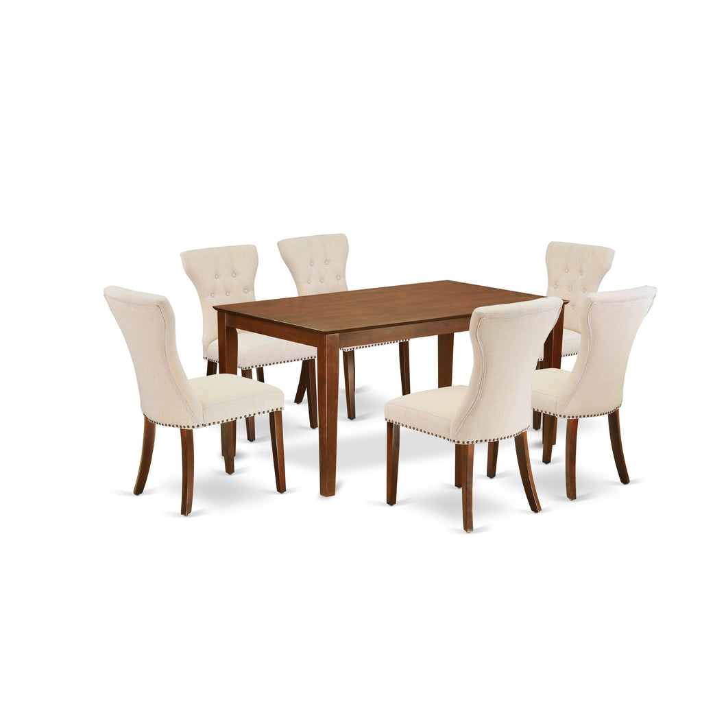 East West Furniture CAGA7-MAH-32 7 Piece Kitchen Table & Chairs Set Consist of a Rectangle Dining Room Table and 6 Light Beige Linen Fabric Parsons Dining Chairs