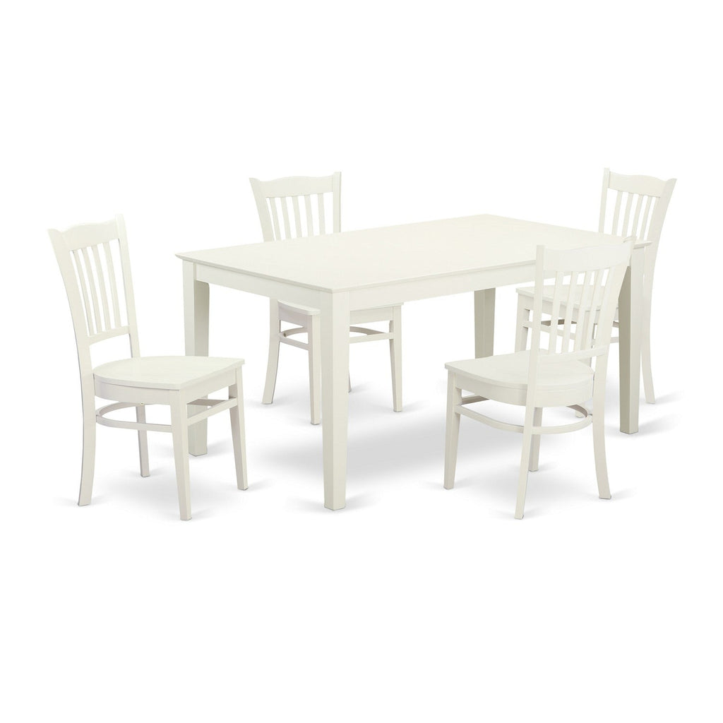 Juego de comedor de 5 piezas East West Furniture CAGR5-LWH-W. Incluye una mesa de comedor rectangular y 4 sillas de cocina.