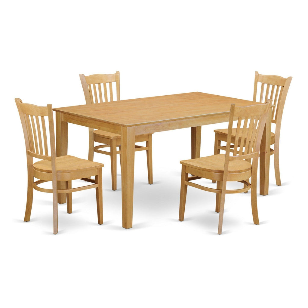 Juego de mesa de comedor de 5 piezas CAGR5-OAK-W de East West Furniture. Incluye una mesa rectangular de madera y 4 sillas de comedor de cocina.