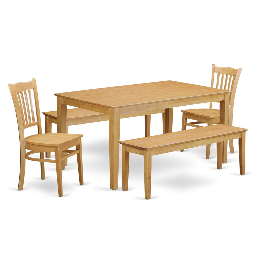 Juego de mesa y sillas de cocina de 5 piezas CAGR5C-OAK-W de East West Furniture. Incluye una mesa de comedor rectangular, 2 sillas de comedor y 2 bancos.