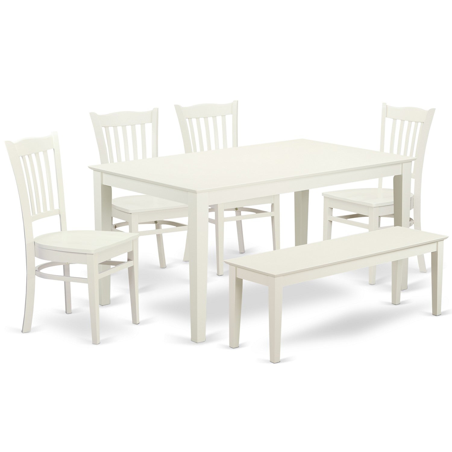 Juego de comedor East West Furniture CAGR6-LWH-W de 6 piezas que contiene una mesa rectangular de madera maciza y 4 sillas de cocina con un banco
