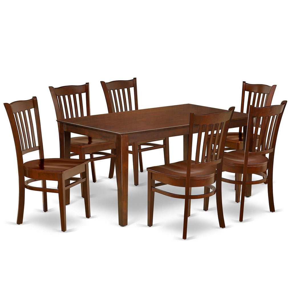 Juego de mesa y sillas de cocina de 7 piezas CAGR7-MAH-W de East West Furniture. Incluye una mesa de comedor rectangular y 6 sillas de comedor.