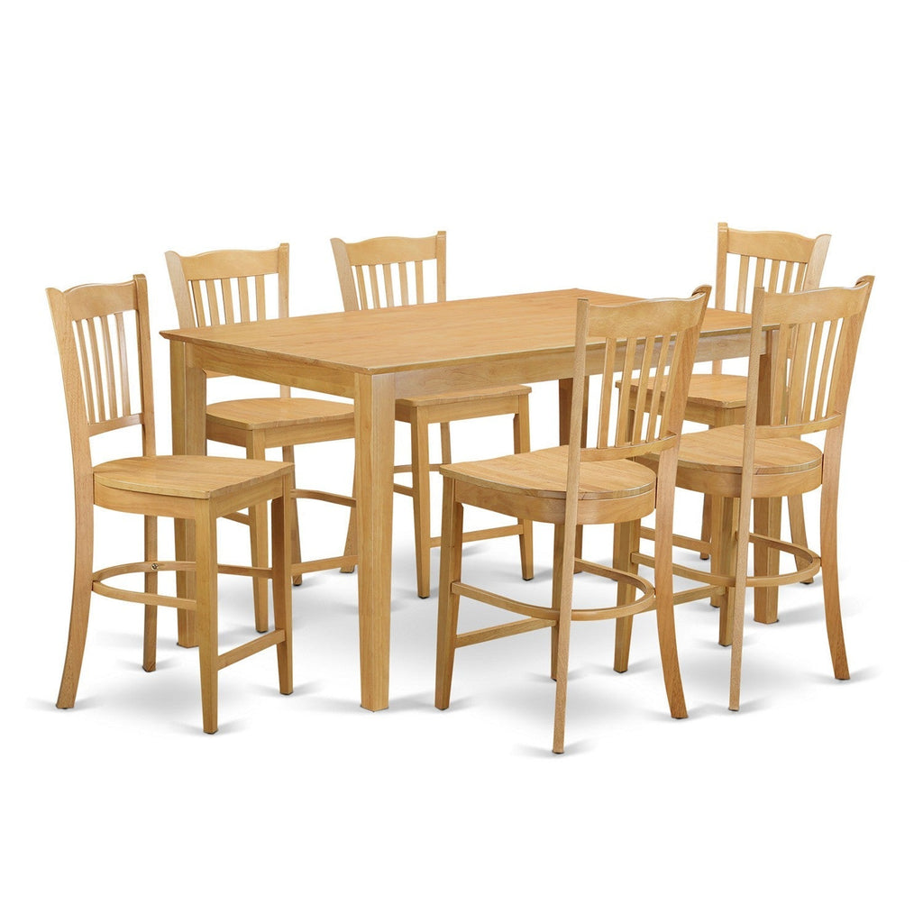 East West Furniture CAGR7H-OAK-W 7 Piece Counter Height Dining Set Consist of a Rectangle Kitchen Table and 6 Dining Room Chairs