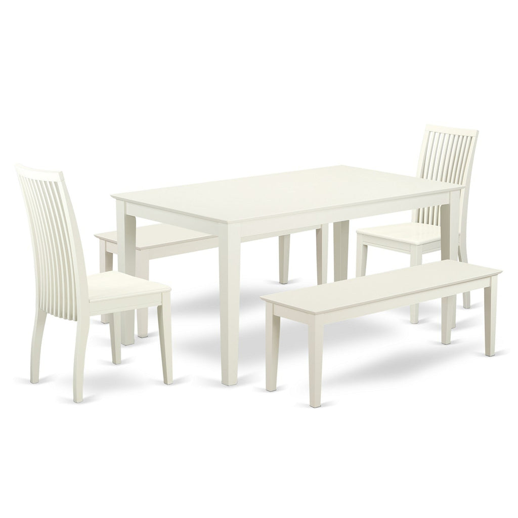 East West Furniture CAIP5C-LWH-W 5 Piece Kitchen Table & Chairs Set Includes a Rectangle Dining Table and 2 Dining Room Chairs with 2 Benches