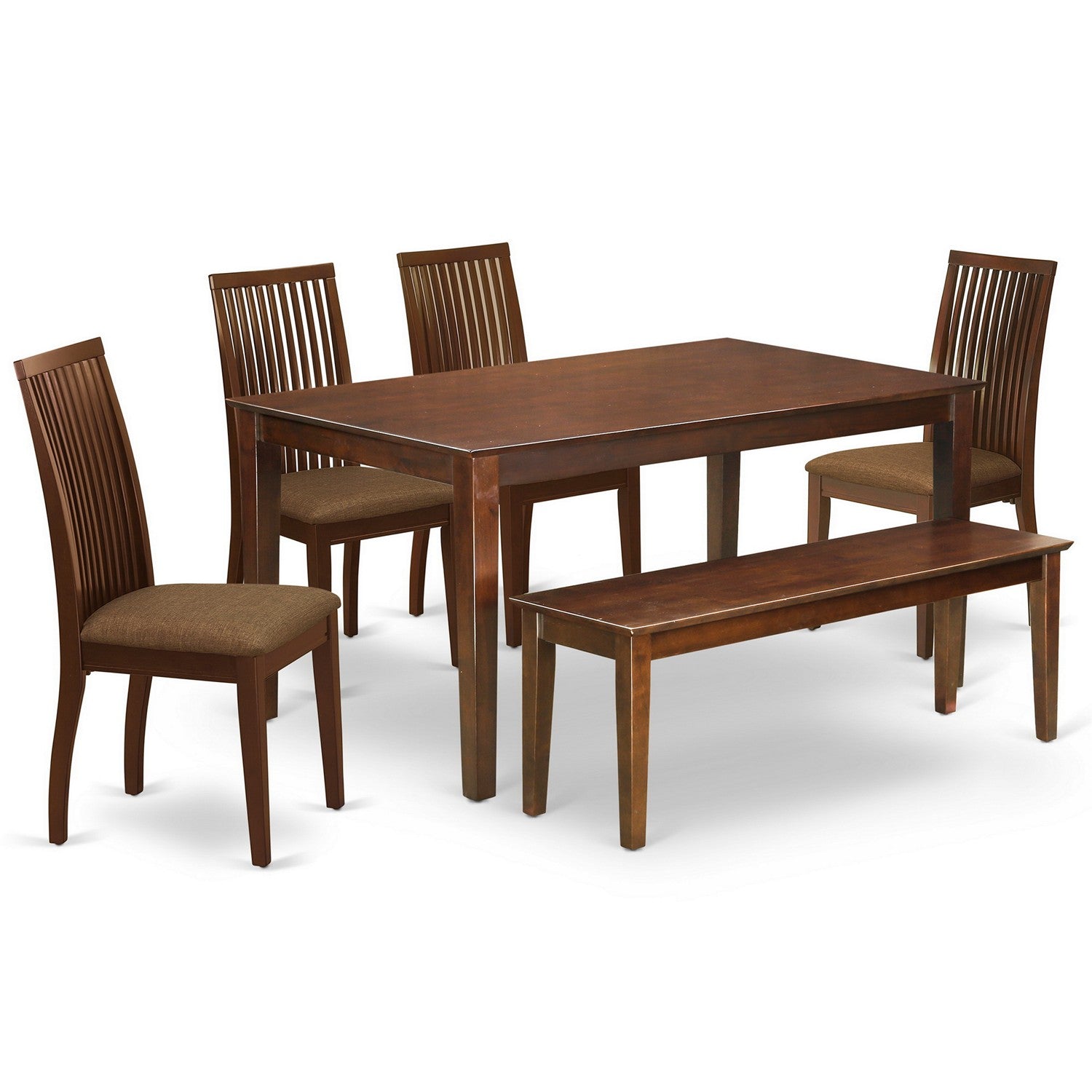 Juego de mesa de comedor moderna de 6 piezas CAIP6-MAH-C de East West Furniture. Contiene una mesa rectangular de madera y 4 sillas tapizadas en tela de lino con un banco.