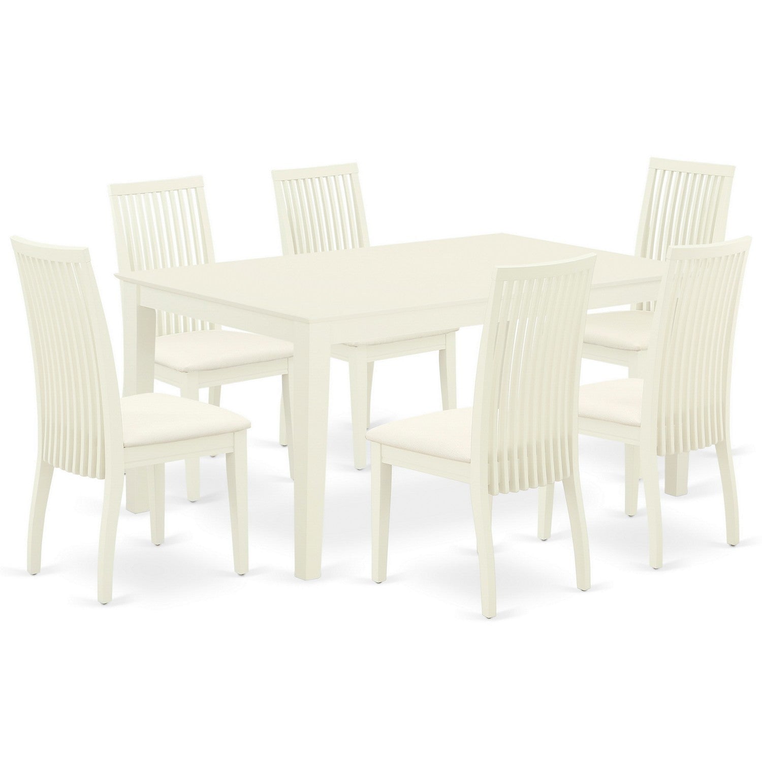 Juego de mesa y sillas de cocina de 7 piezas CAIP7-LWH-C de East West Furniture. Incluye una mesa de comedor rectangular y 6 sillas de comedor tapizadas en tela de lino.