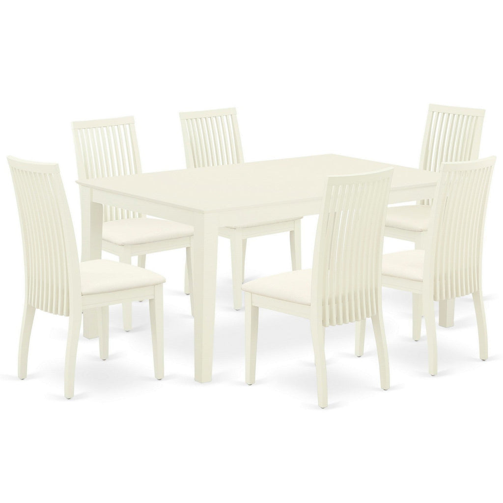 Juego de mesa y sillas de cocina de 7 piezas CAIP7-LWH-C de East West Furniture. Incluye una mesa de comedor rectangular y 6 sillas de comedor tapizadas en tela de lino.