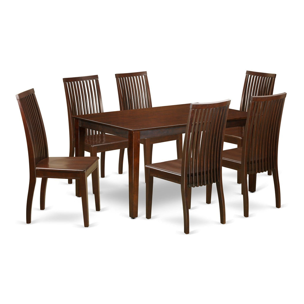 Juego de mesa y sillas de cocina de 7 piezas CAIP7-MAH-W de East West Furniture. Incluye una mesa de comedor rectangular y 6 sillas de comedor.