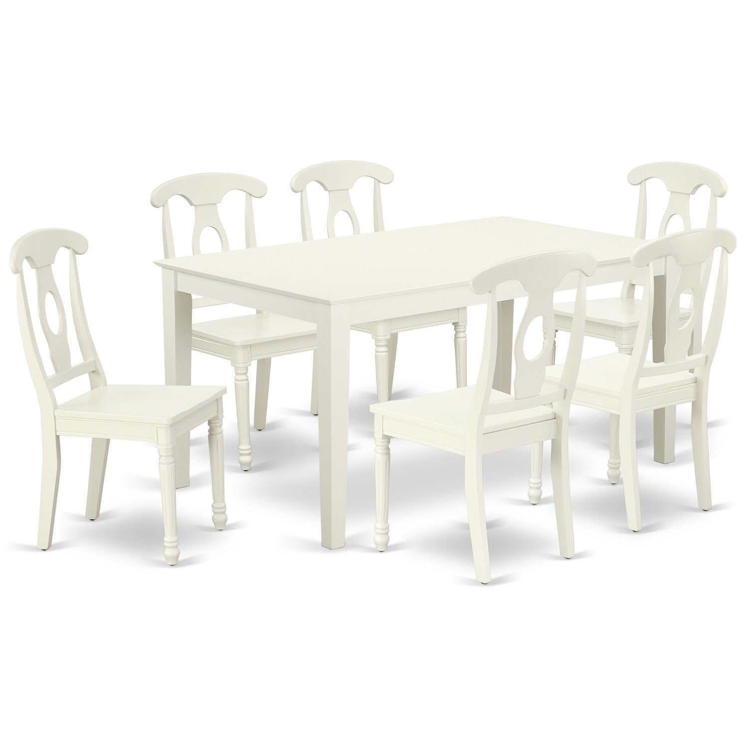 Juego de mesa de comedor de 7 piezas CAKE7-LWH-W de East West Furniture que consta de una mesa de cocina rectangular y 6 sillas de comedor.