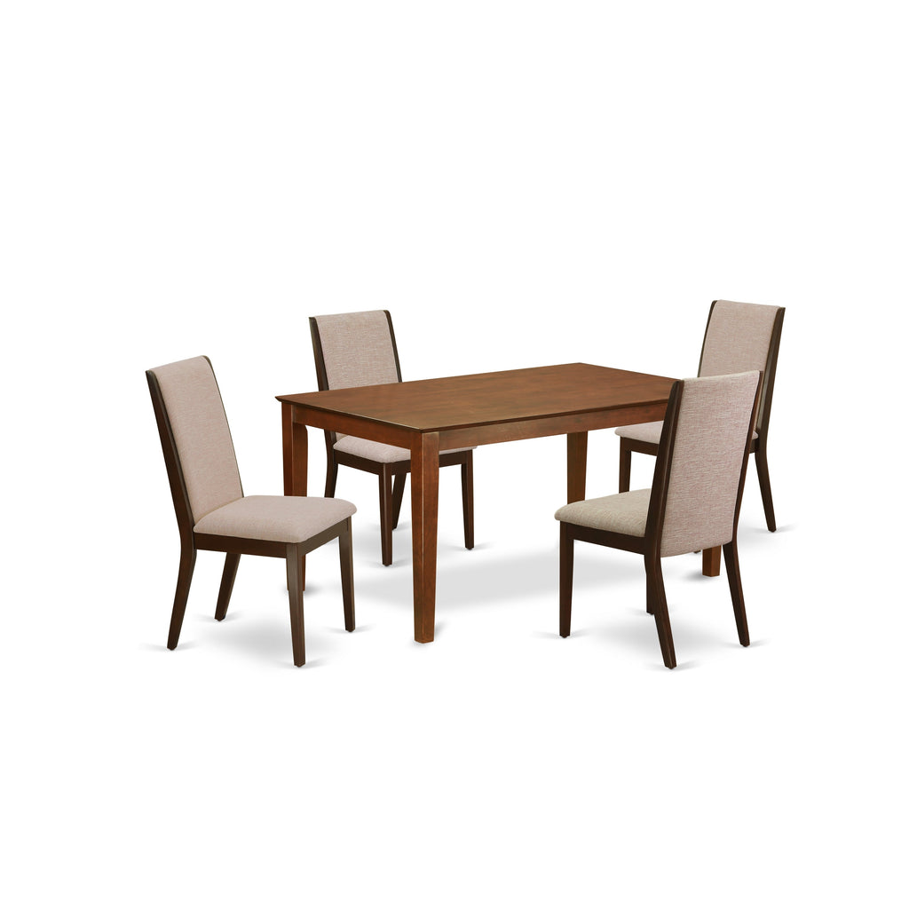 East West Furniture CALA5-MAH-04 5 Piece Kitchen Table Set for 4 Includes a Rectangle Dining Room Table and 4 Light Tan Linen Fabric Upholstered Parson Chairs